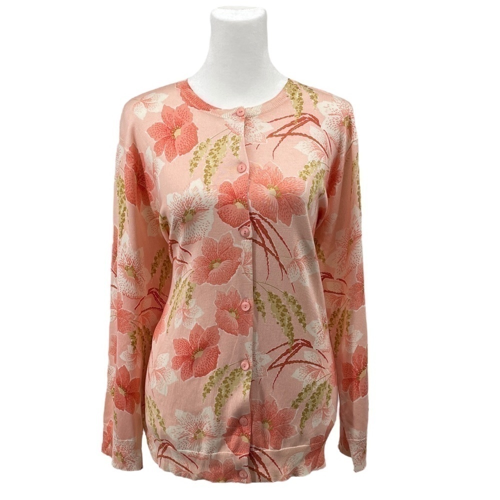 Vintage Pendelton Silk Floral Cardigan, 3/4 Sleeve, Coral, Size L